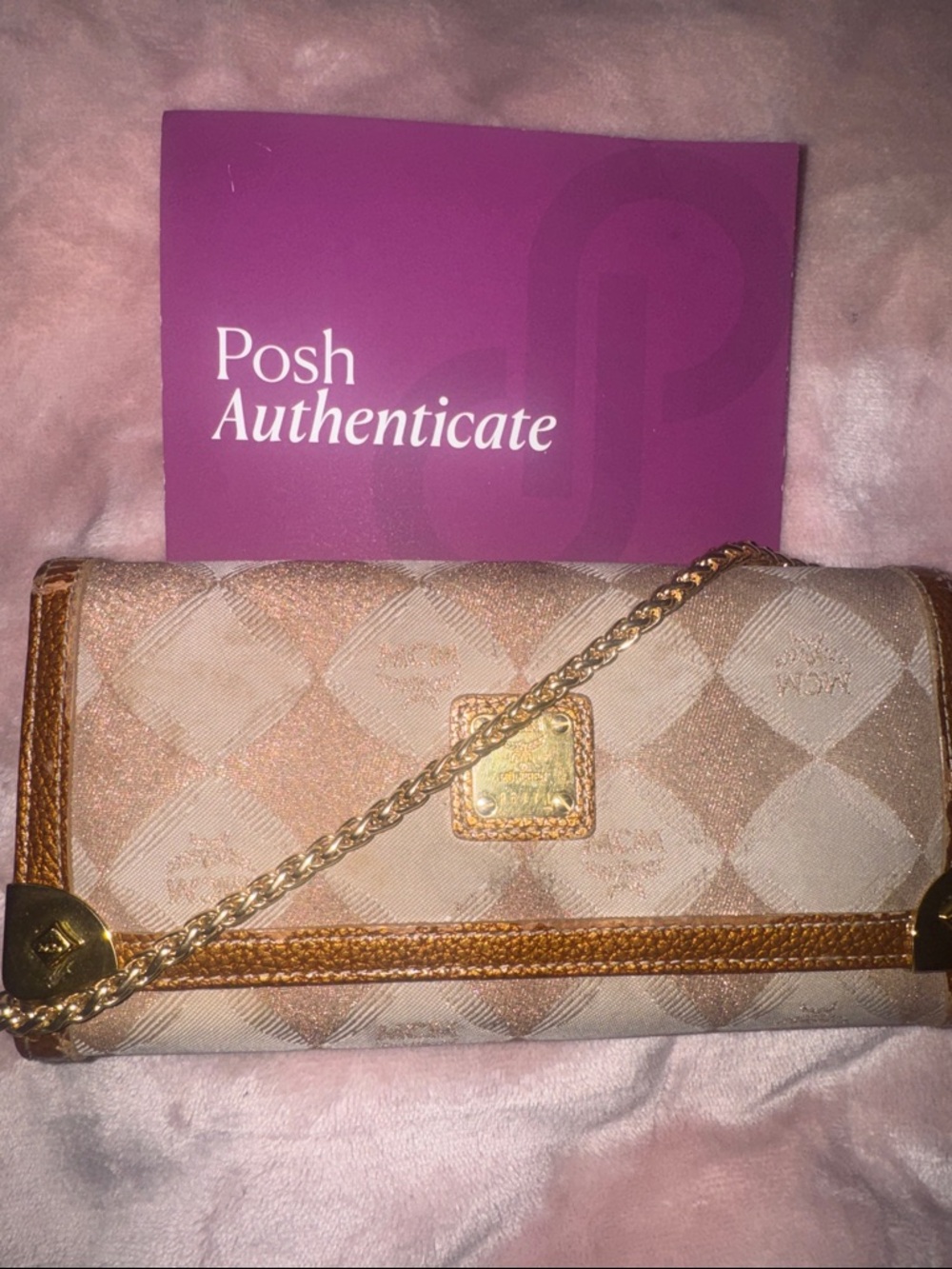 MCM Pink and Gold Monogram Chain Wallet